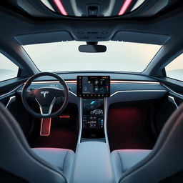 A futuristic Tesla vehicle interior featuring a groundbreaking design without a traditional steering wheel