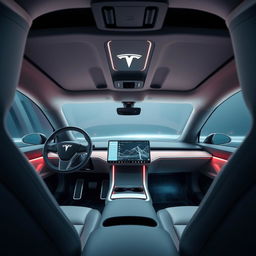 A futuristic Tesla vehicle interior featuring a groundbreaking design without a traditional steering wheel