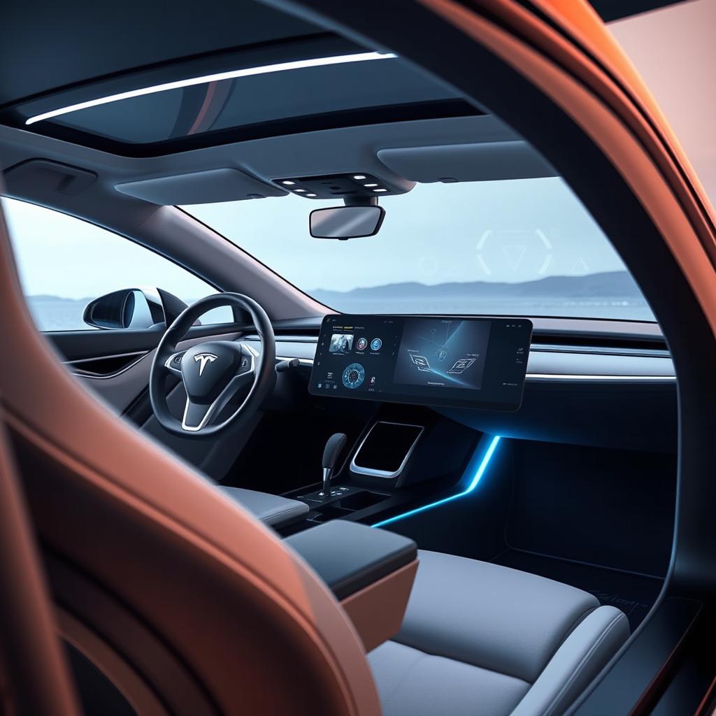 A futuristic Tesla vehicle interior featuring a groundbreaking design without a traditional steering wheel