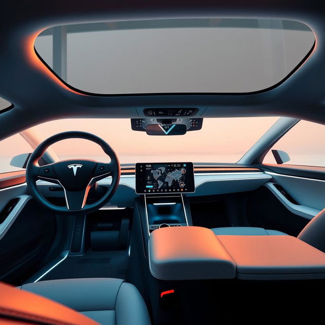 A futuristic Tesla vehicle interior featuring a groundbreaking design without a traditional steering wheel