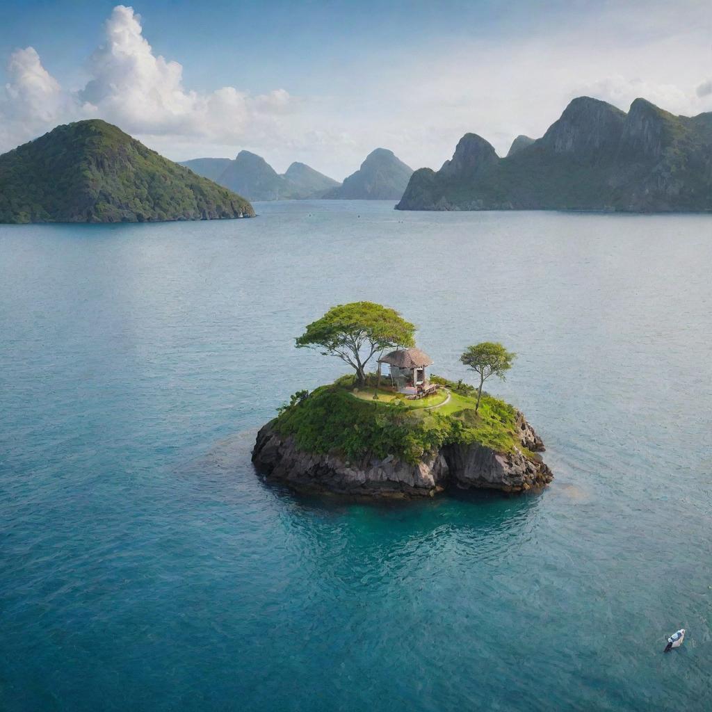 A charming, small island with a couple gracefully crossing the surrounding waters in a small boat