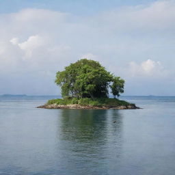 A charming, small island with a couple gracefully crossing the surrounding waters in a small boat