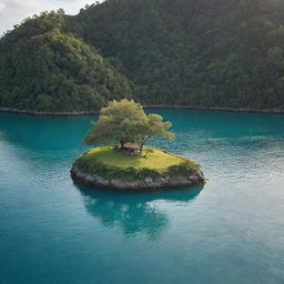 A charming, small island with a couple gracefully crossing the surrounding waters in a small boat