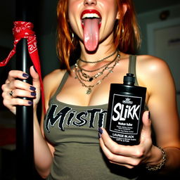 A close-up shot focusing on the chest and torso of a sexy female redhead wearing a 'Misfits' tank top adorned with punk chains