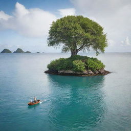 A charming, small island with a couple gracefully crossing the surrounding waters in a small boat