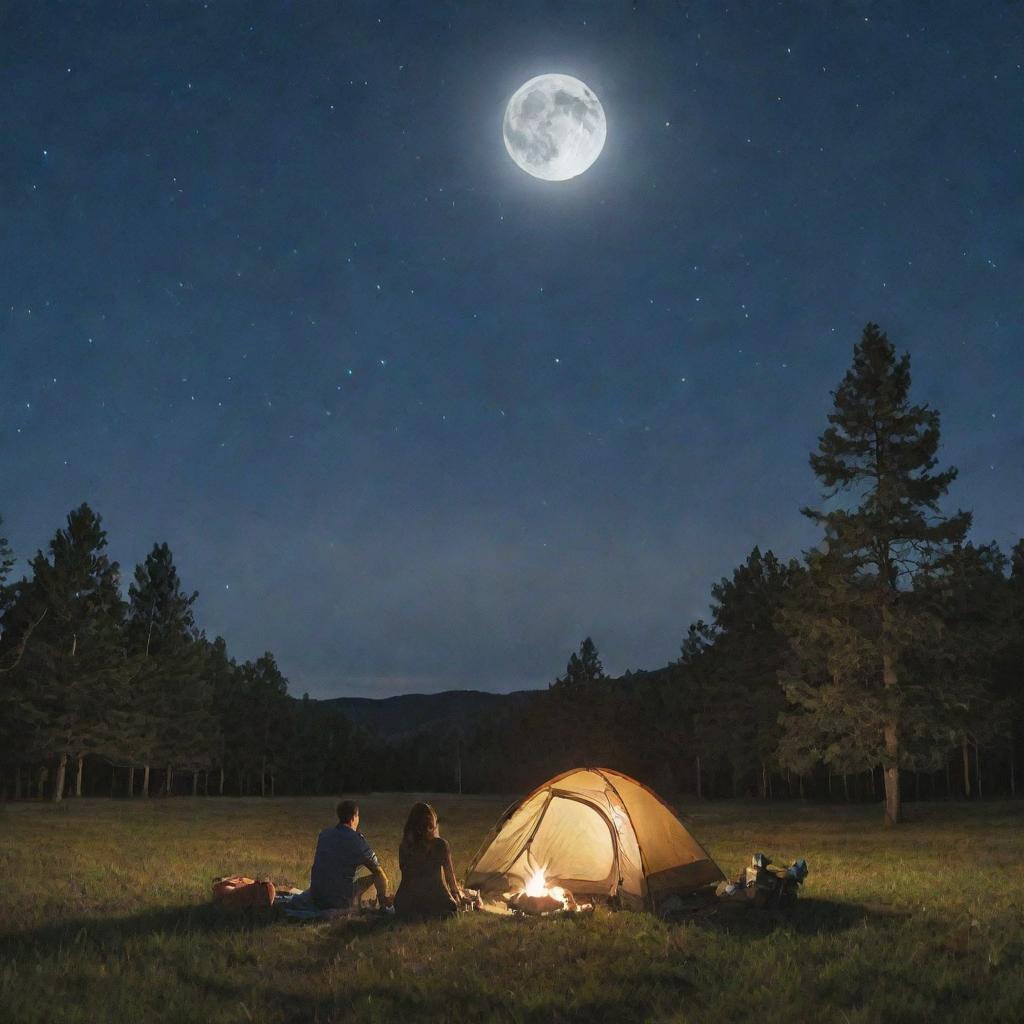 A beautiful scene of a couple camping on a grassy field under a starlit night sky with a radiant full moon overhead