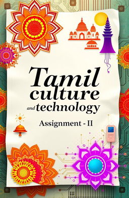 An artistic representation of a paper with the text 'Tamil culture and technology Assignment -II' prominently displayed in an elegant font