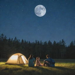 A beautiful scene of a couple camping on a grassy field under a starlit night sky with a radiant full moon overhead