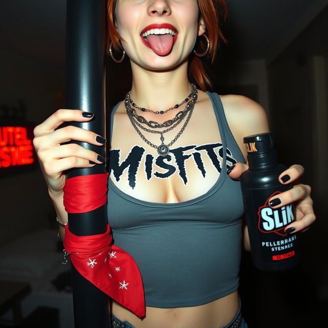 A close-up shot of a sexy female redhead, showcasing her torso wearing a 'Misfits' tank top