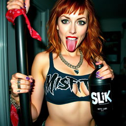 A close-up shot of a sexy female redhead, showcasing her torso wearing a 'Misfits' tank top