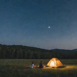 A beautiful scene of a couple camping on a grassy field under a starlit night sky with a radiant full moon overhead