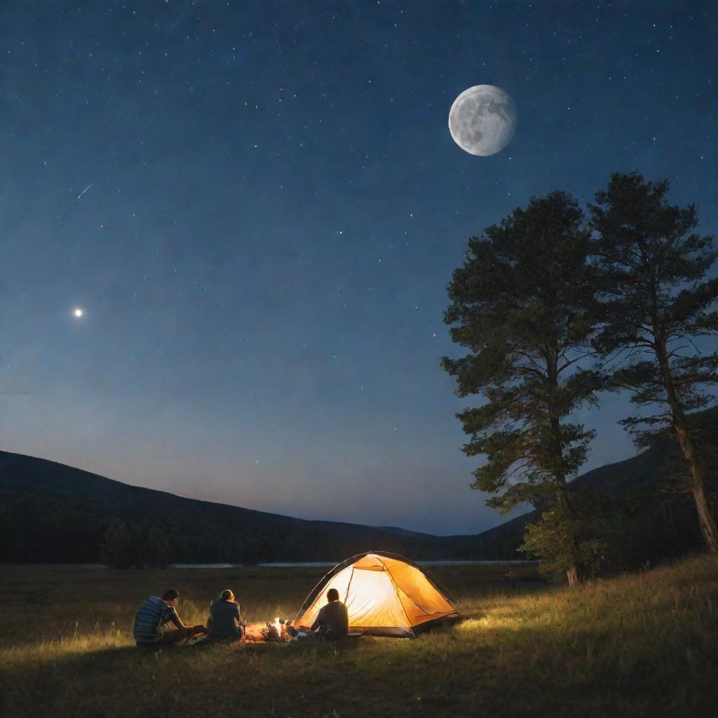 A beautiful scene of a couple camping on a grassy field under a starlit night sky with a radiant full moon overhead