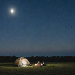 A couple encamped on a grassy field under a stunning night sky, with the moon personified as the woman's presence