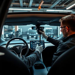 A detailed scene showcasing a skilled technician changing the volante yoke of a Tesla vehicle