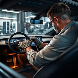 A detailed scene showcasing a skilled technician changing the volante yoke of a Tesla vehicle