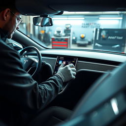 A detailed scene showcasing a skilled technician changing the volante yoke of a Tesla vehicle