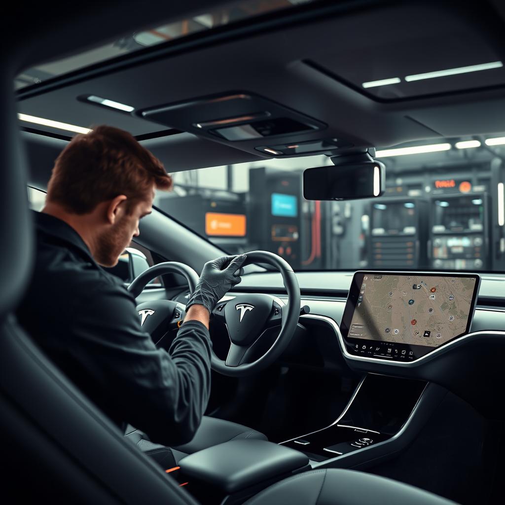 A detailed scene showcasing a skilled technician changing the volante yoke of a Tesla vehicle