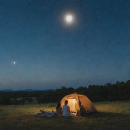 A couple encamped on a grassy field under a stunning night sky, with the moon personified as the woman's presence