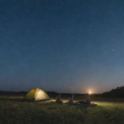 A couple encamped on a grassy field under a stunning night sky, with the moon personified as the woman's presence