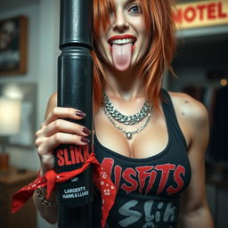 A close-up shot focusing on a sexy redhead female with a large chest, wearing a 'Misfits' tank top adorned with punk chains