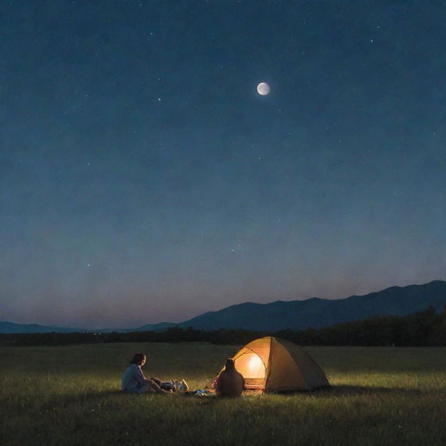 A couple encamped on a grassy field under a stunning night sky, with the moon personified as the woman's presence