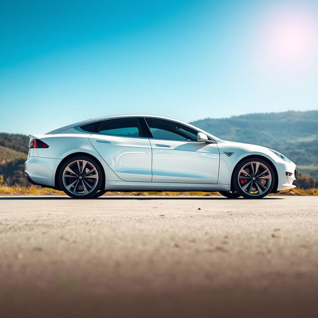 A stunning white Tesla car parked gracefully in an outdoor setting, showcasing its sleek and aerodynamic design