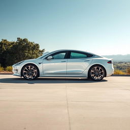 A stunning white Tesla car parked gracefully in an outdoor setting, showcasing its sleek and aerodynamic design