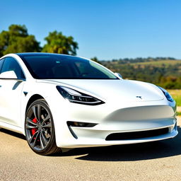 A stunning white Tesla car parked gracefully in an outdoor setting, showcasing its sleek and aerodynamic design