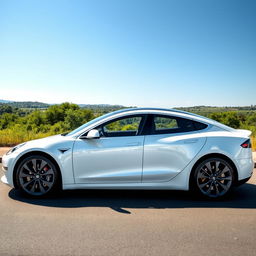 A stunning white Tesla car parked gracefully in an outdoor setting, showcasing its sleek and aerodynamic design