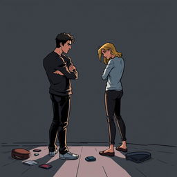 A dramatic illustration titled 'Mépris Total Couple', showcasing a couple in a tense confrontation