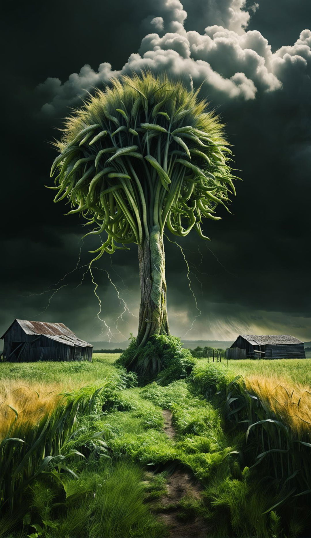 A colossal beanstalk in an 1800s farm landscape reaching into storm clouds above. Captured in 36k resolution under low lighting conditions from a side head view. A raw, unedited photograph reminiscent of James Nachtwey's style.