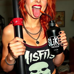 A close-up torso shot of a sexy female redhead wearing a Misfits tank top, featuring punk chains