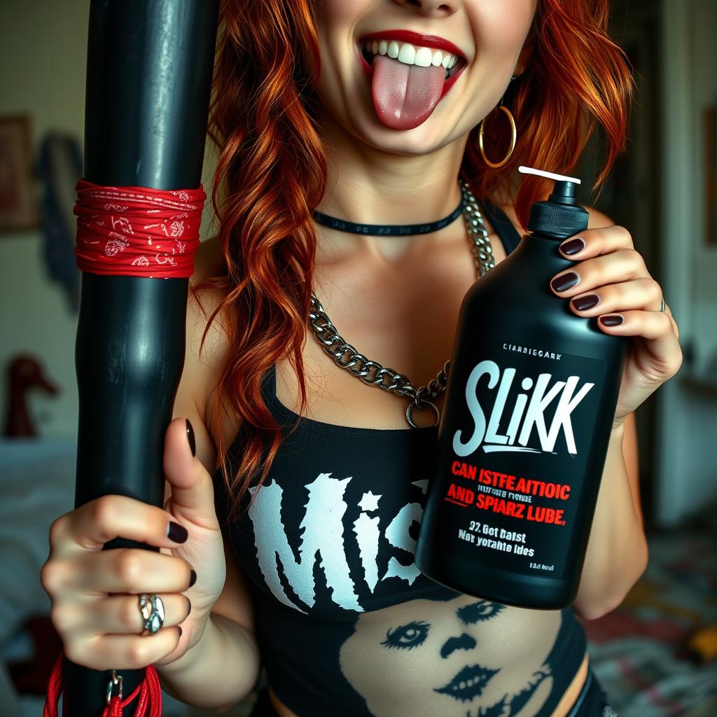 A close-up torso shot of a sexy female redhead wearing a Misfits tank top, featuring punk chains