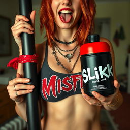 A close-up torso shot of a sexy female redhead wearing a Misfits tank top, featuring punk chains