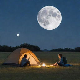 A couple camping on a grassy plains during a beautiful night, with a large, radiant full moon seemingly resting on the grass