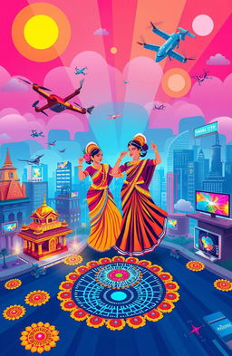 A vibrant and colorful illustration representing Tamil culture intertwined with modern technology