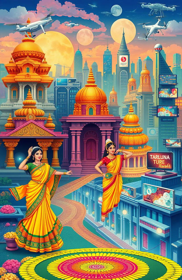 A vibrant and colorful illustration representing Tamil culture intertwined with modern technology