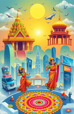 A vibrant and colorful illustration representing Tamil culture intertwined with modern technology