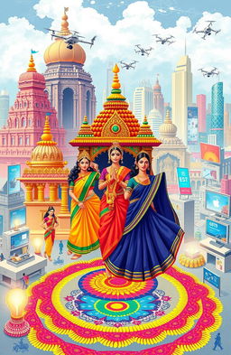 A vibrant and colorful illustration representing Tamil culture intertwined with modern technology