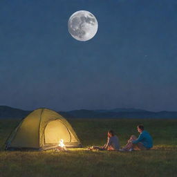 A couple camping on a grassy plains during a beautiful night, with a large, radiant full moon seemingly resting on the grass