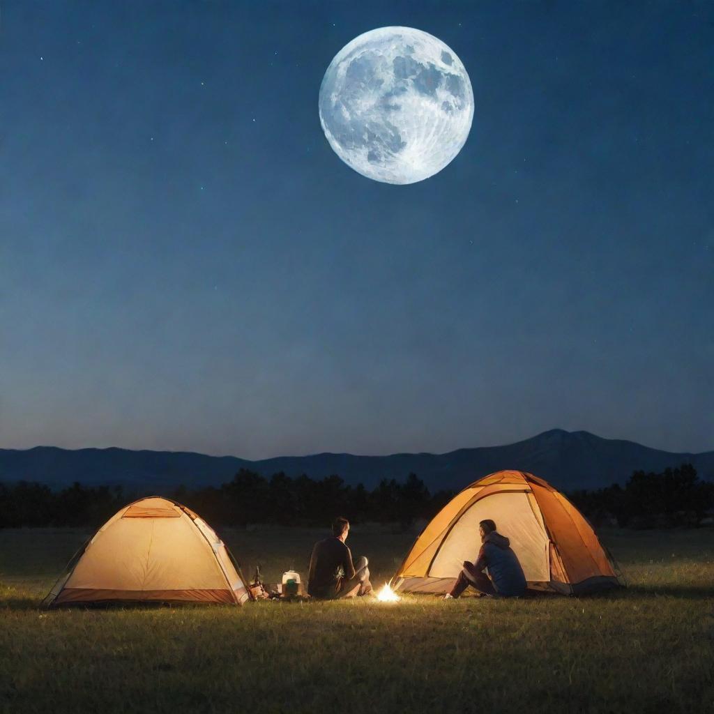 A couple camping on a grassy plains during a beautiful night, with a large, radiant full moon seemingly resting on the grass