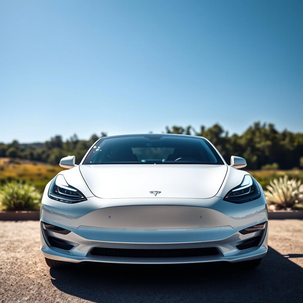 A striking white Tesla car showcased prominently in a bright, sunny environment