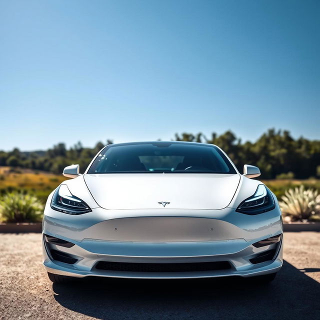 A striking white Tesla car showcased prominently in a bright, sunny environment