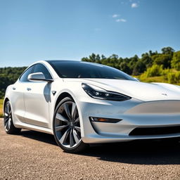 A striking white Tesla car showcased prominently in a bright, sunny environment