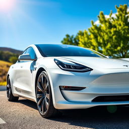 A striking white Tesla car showcased prominently in a bright, sunny environment