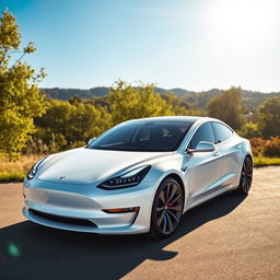 A striking white Tesla car showcased prominently in a bright, sunny environment