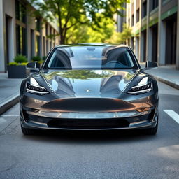 A sleek and modern Tesla car prominently displayed in an urban setting