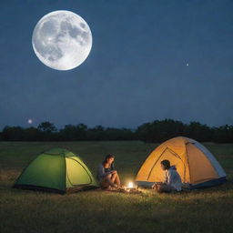 A couple camping on a grassy plains during a beautiful night, with a large, radiant full moon seemingly resting on the grass