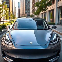 A sleek and modern Tesla car prominently displayed in an urban setting