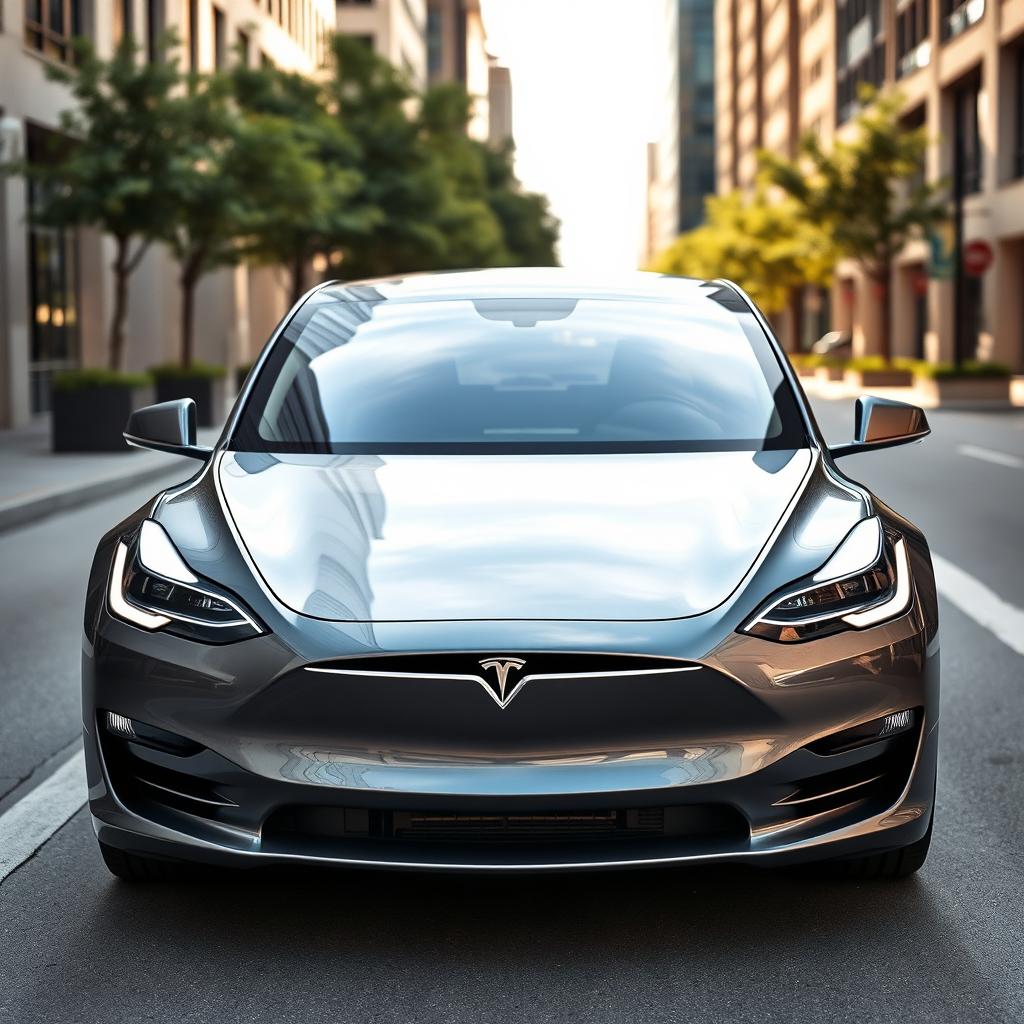 A sleek and modern Tesla car prominently displayed in an urban setting